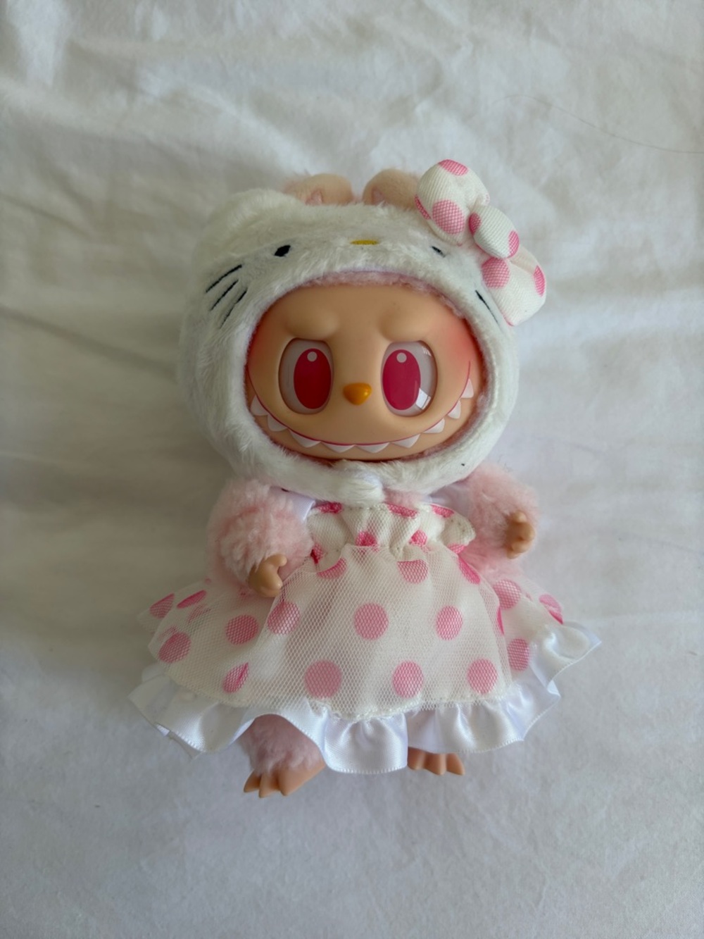 Pink Polka Dot Plush Dress Labubu with Kitty Hood pop mart authentic